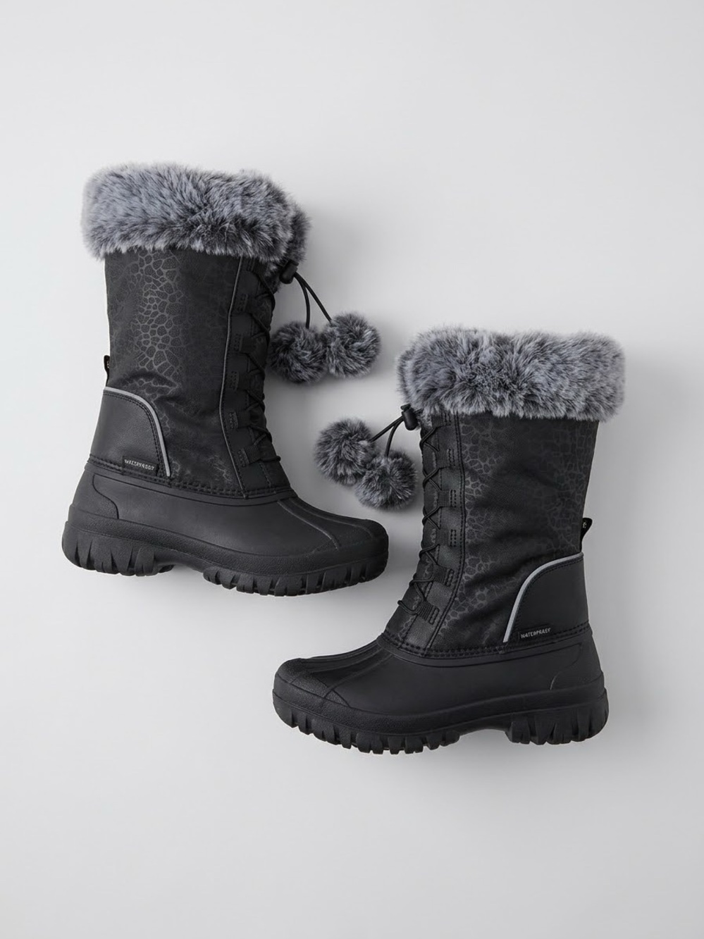 Women's Black Winter Boots with Gray Faux-Fur Trim and Pom Poms